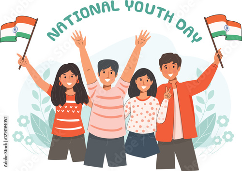 National Youth Day Celebration Illustration Design Young people holding flags, books, and technology, symbolizing youth empowerment.
