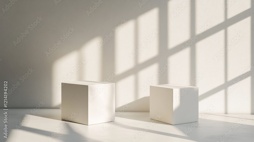 Minimalist cubes casting shadows in a sunlit room during the morning hours Minimalist cubes casting shadows in a sunlit room during the morning hours