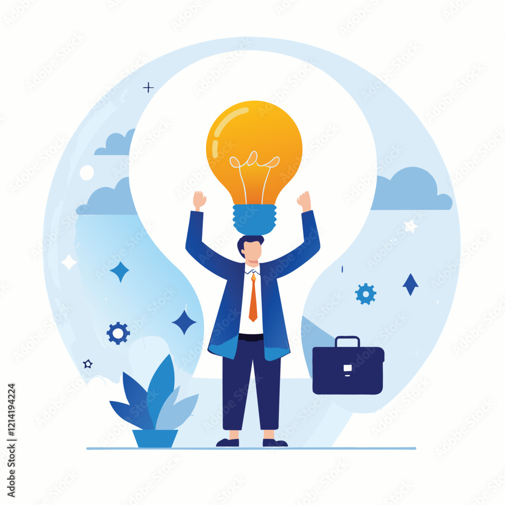 Businessman with a Light bulb Idea Celebrating Innovation Businessman with a Light bulb Idea Celebrating Innovation