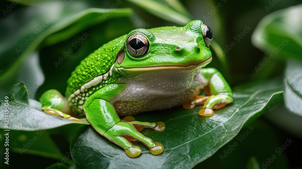 Green tree frog resting on leaf, jungle background, nature photography Green tree frog resting on leaf, jungle background, nature photography