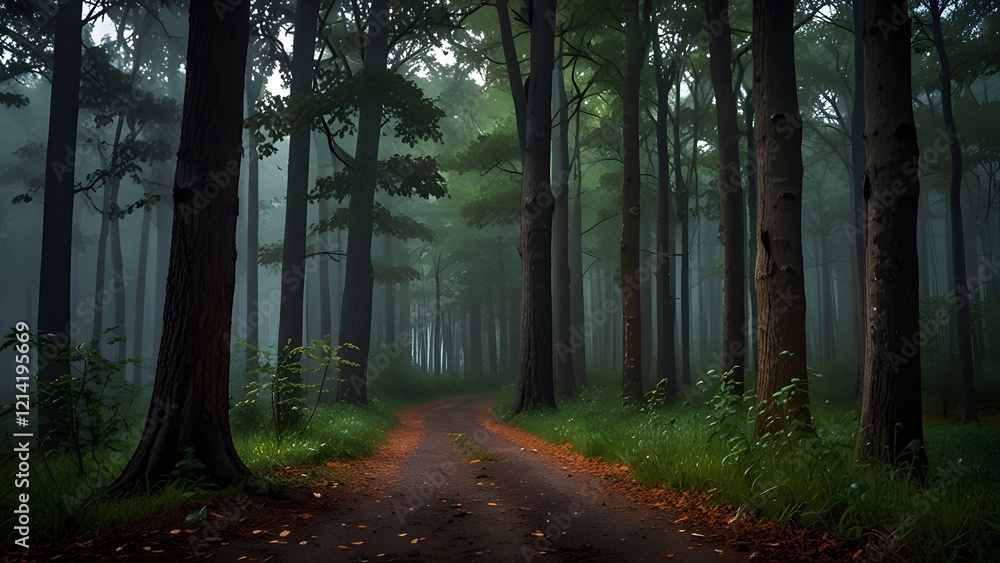 Obraz premium Dark moody forest with path, green trees, natural outdoor vintage background, jungle wallpapers with new style, a forest with a mystical and magical atmosphere.
