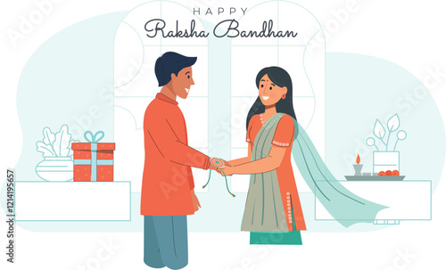 Raksha Bandhan Celebration with Brother and Sister Illustration A sister tying a rakhi on her brother’s wrist, surrounded by sweets.