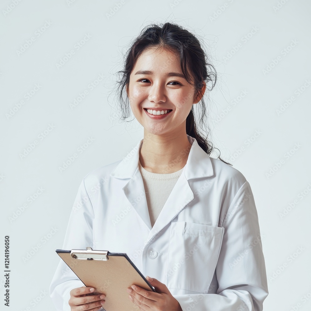 Confident Female Doctor in White Coat Smiling with Clipboard Confident Female Doctor in White Coat Smiling with Clipboard