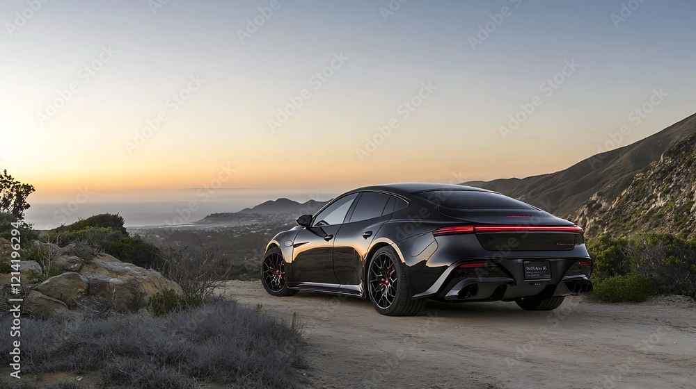 Naklejka premium Sleek Black Sports Car on Scenic Mountain Road at Sunset Horizon : Generative AI
