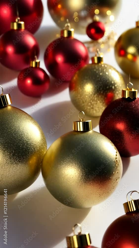 Elegant dance of christmas ornaments: red and gold baubles in festive motion Elegant dance of christmas ornaments: red and gold baubles in festive motion