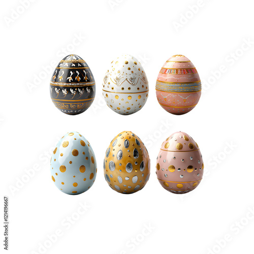 Set of 6 luxury easter eggs with gold details, perfectly set apart isolated on transparent background, PNG format
