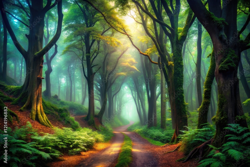 Naklejka premium Dark woods shroud a mysterious path, nature's moody embrace.