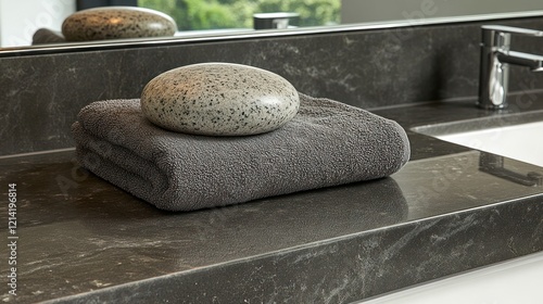 Spa stone on towel, modern bathroom vanity, serene background photo