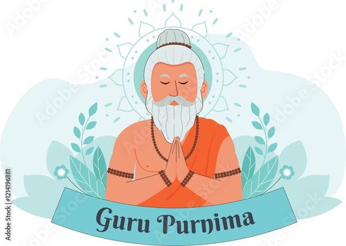 Serene Guru Purnima Meditation Illustration A serene scene with a guru meditating under a tree surrounded by followers.