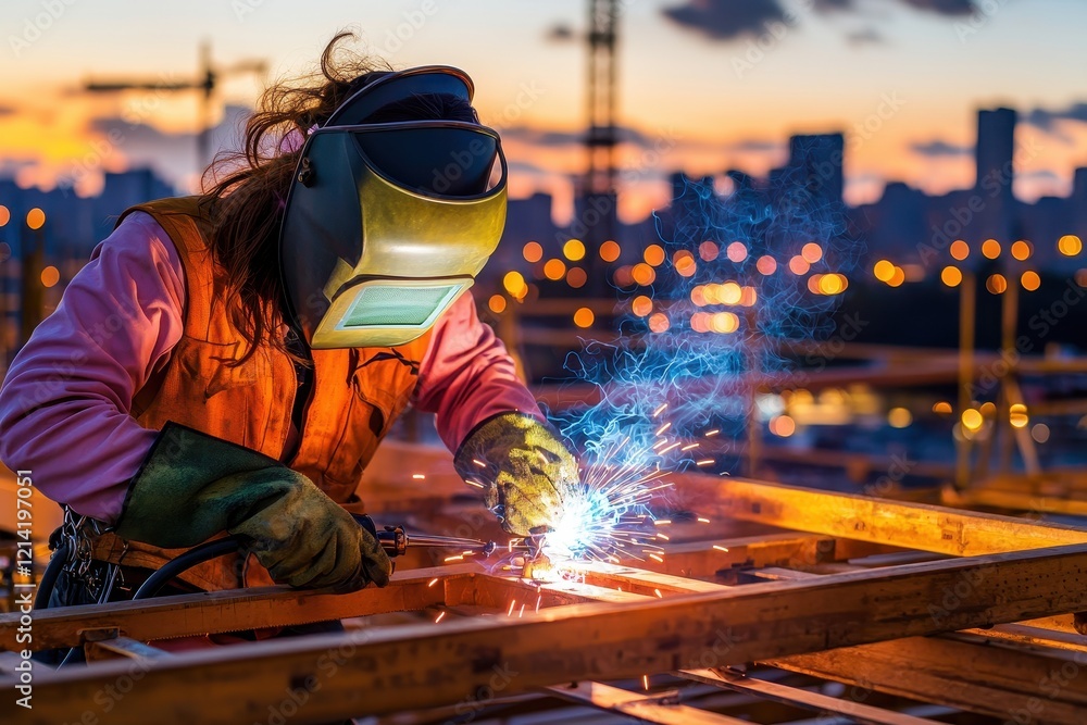 construction worker wear Concept. A welder sparks bright light while working on a construction site at sunset. construction worker wear Concept. A welder sparks bright light while working on a construction site at sunset.
