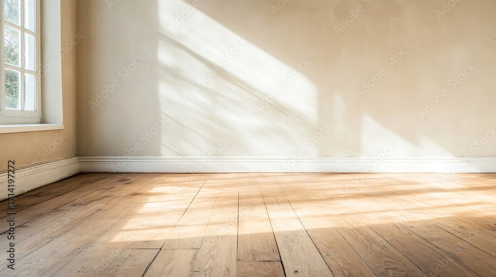Sunlight streaming through large windows into an empty room with polished wooden floors creating a warm atmosphere : Generative AI Sunlight streaming through large windows into an empty room with polished wooden floors creating a warm atmosphere : Generative AI