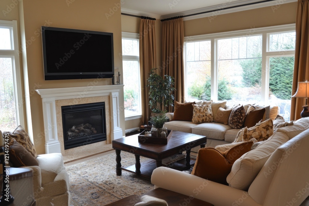 Fototapeta premium Cozy living room fireplace autumnal view home decor