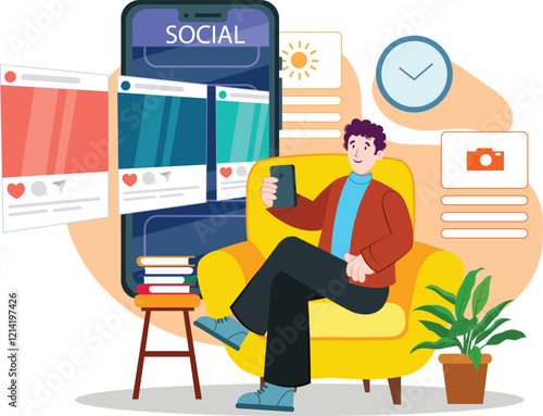 Social Media User Illustration for Online Apps Engagement Design A person engaging with apps on their phone, with social media icons floating around.