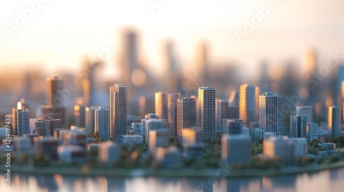 Modern City Skyline Miniature at Sunset with Reflective Water Detail : Generative AI