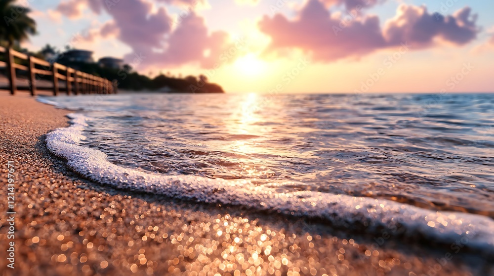 Naklejka premium Sunrise beach wave ocean coastal landscape travel postcard