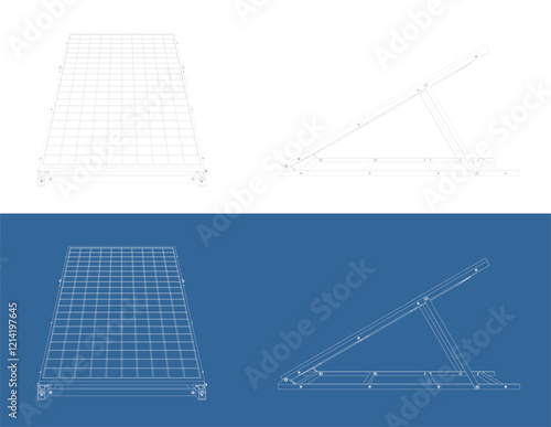 Detailed Isometric Technical Drawing of Solar Panel Array with Mounting Bracket, Blueprint Style