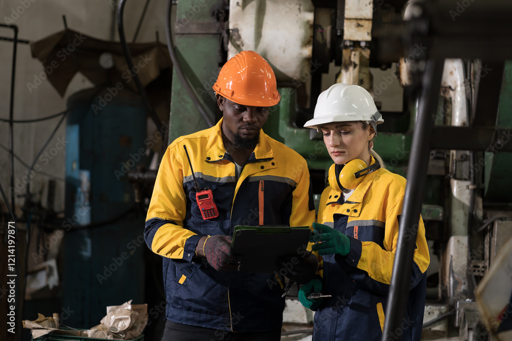 © amorn - Diversity factory worker working in factory. Male and female engineer wearing safety uniform, helmet and gloves at work factory. Group of worker working at factory © amorn - Diversity factory worker working in factory. Male and female engineer wearing safety uniform, helmet and gloves at work factory. Group of worker working at factory