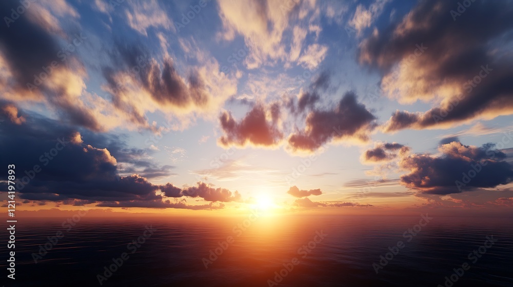 Dramatic Ocean Sunset with Vibrant Colors and Clouds Reflecting on Water Horizon : Generative AI Dramatic Ocean Sunset with Vibrant Colors and Clouds Reflecting on Water Horizon : Generative AI