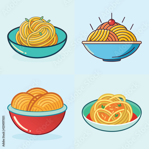 cartoon spaghetti vector illustration in colorful grid - a vibrant illustration of four spaghetti, perfect for logos, icons and, food themed designs