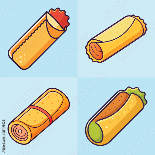 cartoon spring roll vector illustration in colorful grid - a vibrant illustration of four spring roll, perfect for logos, icons and, food themed designs