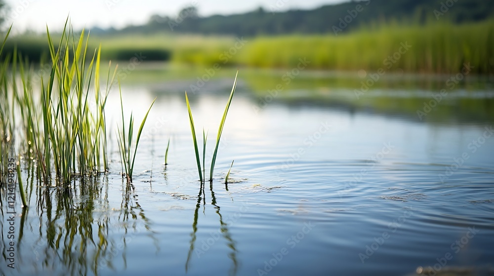 Calm tranquil lake with lush green reeds and serene distant landscape : Generative AI Calm tranquil lake with lush green reeds and serene distant landscape : Generative AI