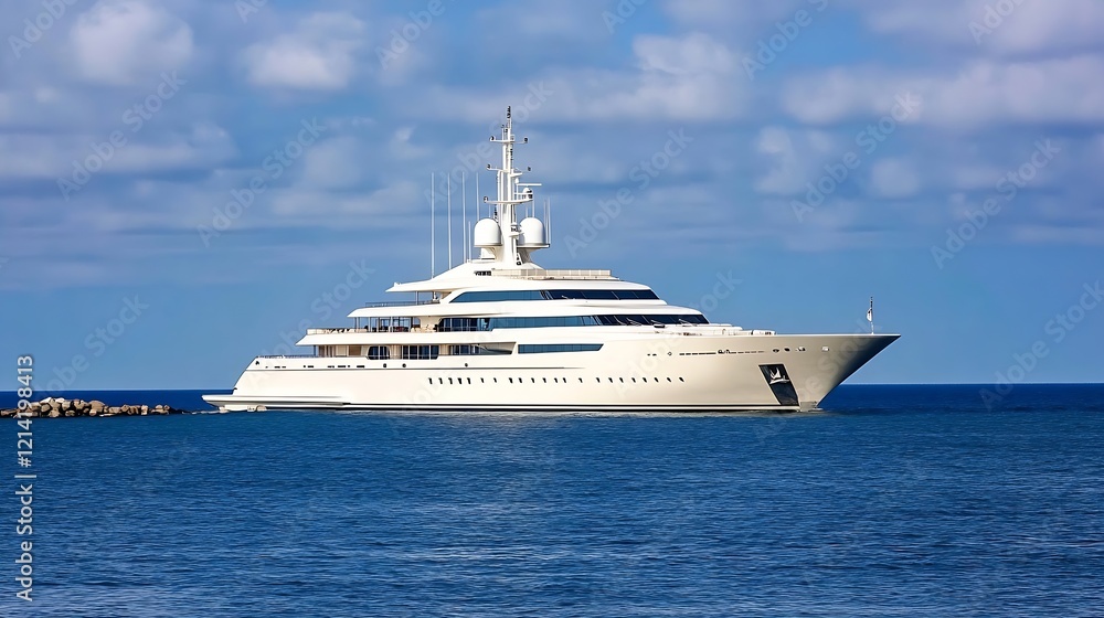 Luxurious mega yacht floating in serene blue ocean with clear sky background : Generative AI Luxurious mega yacht floating in serene blue ocean with clear sky background : Generative AI