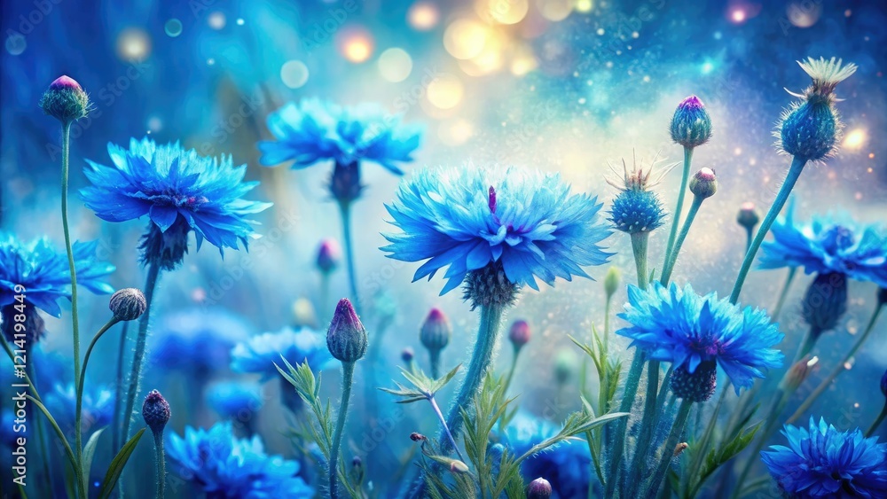 Dreamlike blue cornflowers in a surreal field; ethereal beauty, mystical bloom. Dreamlike blue cornflowers in a surreal field; ethereal beauty, mystical bloom.