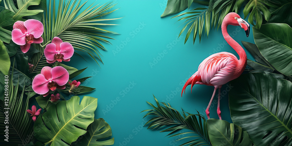 Flamingo and orchids surrounded by lush greenery tropical paradise nature photography vibrant colors close-up view exotic wildlife Flamingo and orchids surrounded by lush greenery tropical paradise nature photography vibrant colors close-up view exotic wildlife