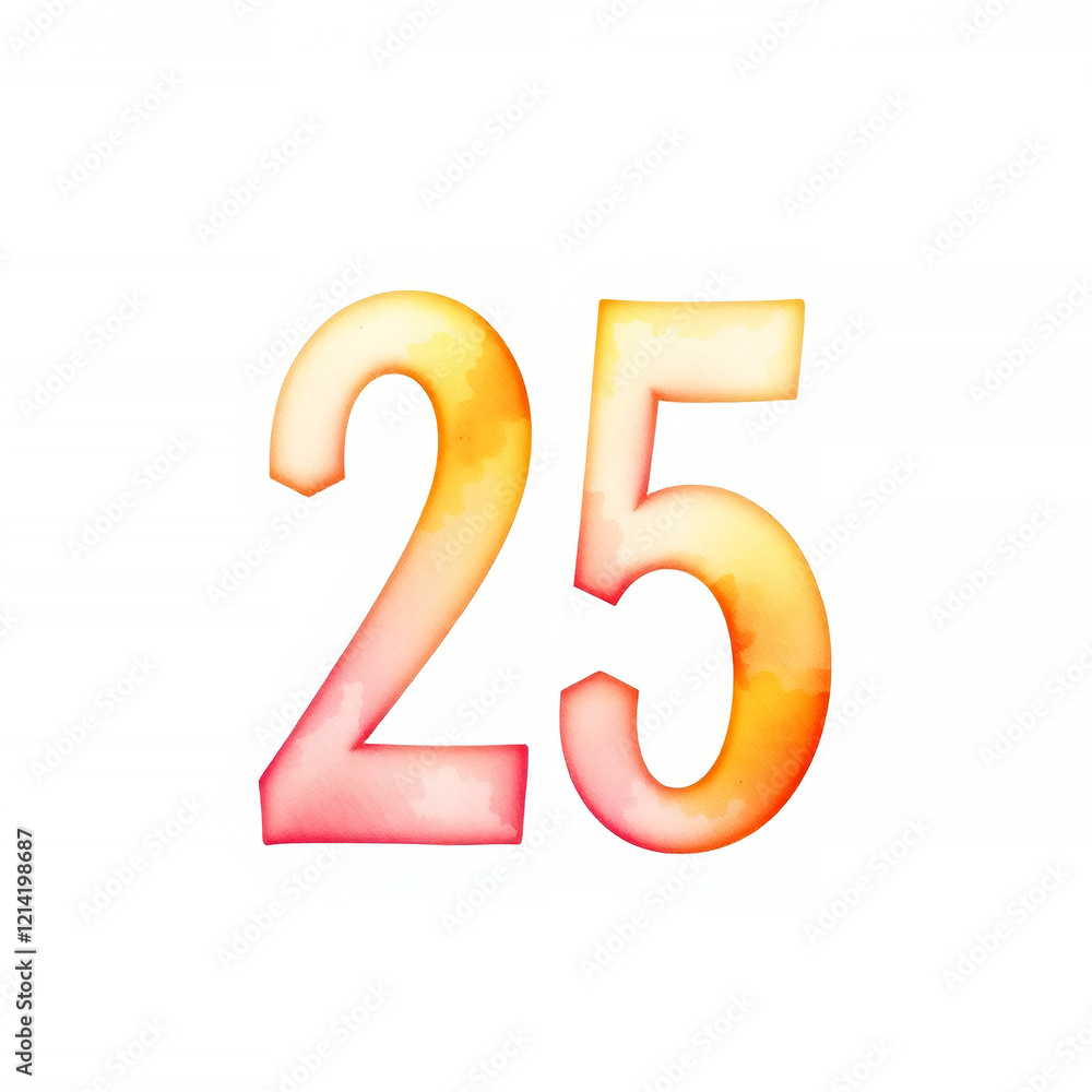 number twenty five 25 on orange background. pink and yellow color, watercolor number twenty five 25 on orange background. pink and yellow color, watercolor