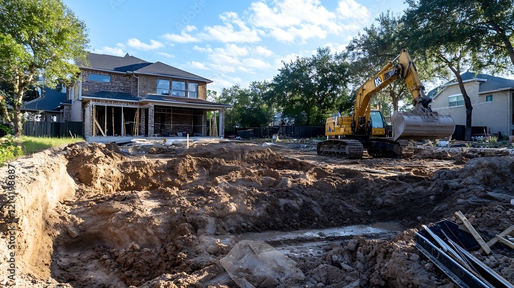 Residential Building Construction with Excavators and Foundation Preparation : Generative AI Residential Building Construction with Excavators and Foundation Preparation : Generative AI
