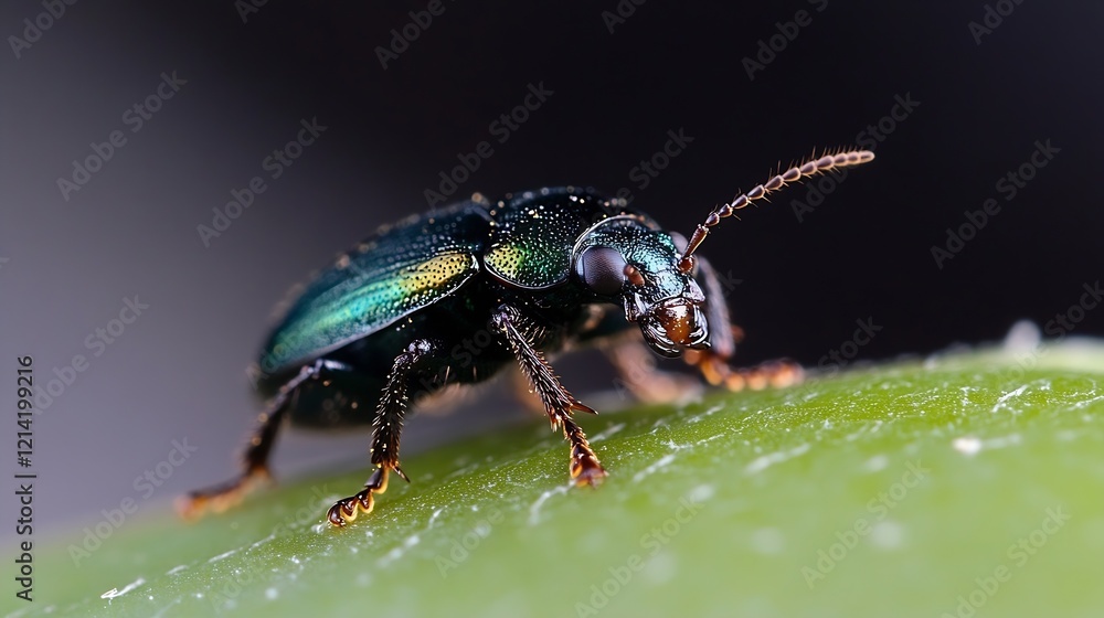 Shiny Metallic Green Beetle on Leaf with Black Background in Detailed Macro View : Generative AI Shiny Metallic Green Beetle on Leaf with Black Background in Detailed Macro View : Generative AI