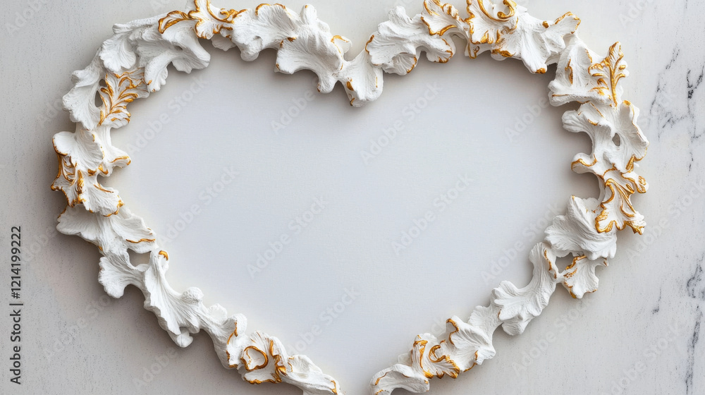 Elegant heart shaped frame with white and gold floral details Elegant heart shaped frame with white and gold floral details