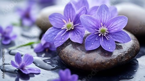 Elegant Purple Flowers and Smooth Stones in Zen Spa Water Setting : Generative AI
