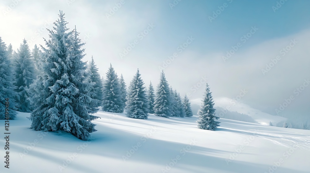 Naklejka premium Serene Winter Landscape with Snow Covered Pine Trees in Mountainous Region : Generative AI