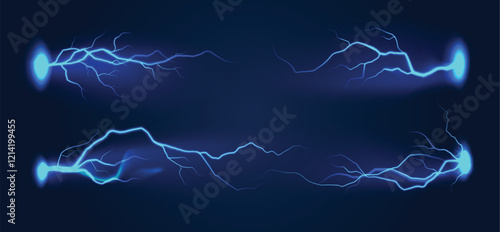 Realistic blue lightning. Thunder storm flash horizontal lightnings. Electric strike, thunderbolt bright light effect, power energy charge. Vector isolated set.