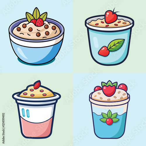 cartoon yogurt with granola vector illustration in colorful grid - a vibrant illustration of four yogurt with granola, perfect for logos, icons and, food themed designs