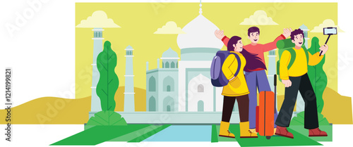 Travel India Illustration Featuring Tourists at the Taj Mahal Tourists enjoying a view of the Taj Mahal, capturing photos and admiring the architecture.