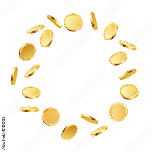 Gold rotating coins. 3d golden realistic coins flying by circle, money prize cash explosion isolated. Vector gambling game, casino and jackpot concept.