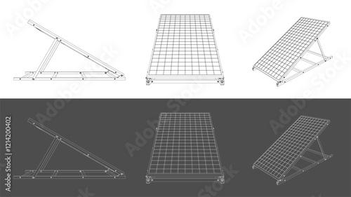 Isometric Blueprint of Solar Panel Array with Mounting Structure, vector Technical Drawing on Transparent Background