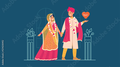 Wedding Couple Illustration with Floral Garlands A traditional wedding couple exchanging garlands under a floral arch.