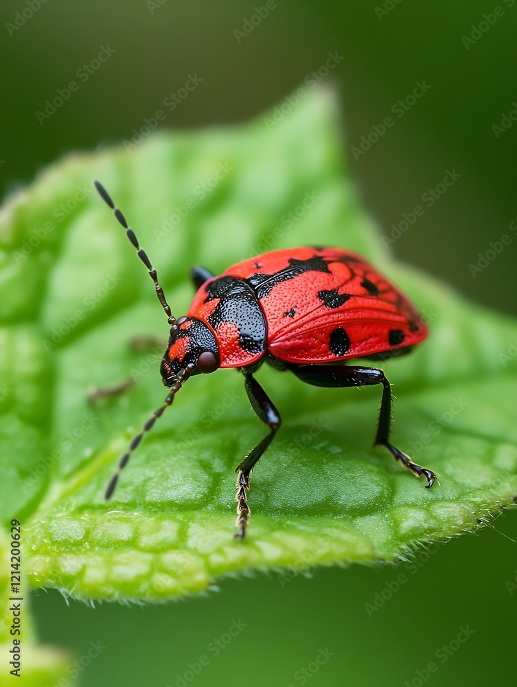 Fototapeta premium Closeup of vibrant red beetle with black markings on a green leaf with natural background : Generative AI