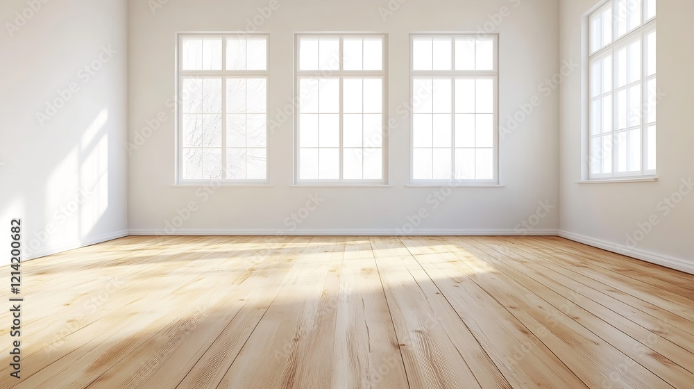 Spacious Sunlit Room with Large Windows and Wooden Floor in Minimalist Home : Generative AI Spacious Sunlit Room with Large Windows and Wooden Floor in Minimalist Home : Generative AI