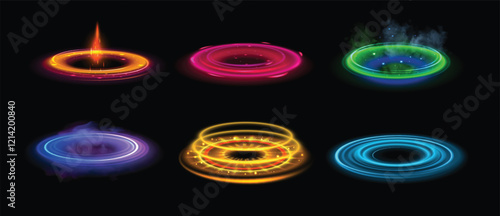 Round light flares. Glowing rings, energy flow tunnel, shiny color neon round magic frames, light circles light effect with sparks and smoke. Futuristic portals vector set.