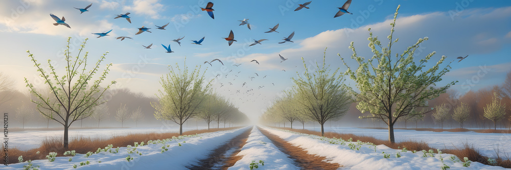 Fototapeta premium Serene Snow-Covered Path with Budding Trees and Spring Birds. Perfect for: Earth Day, Arbor Day, Woodland Walks