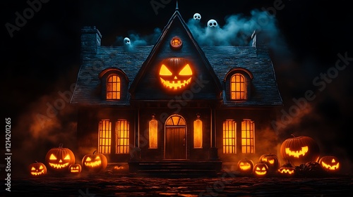 Haunted house with jack-o'-lanterns and ghosts. photo