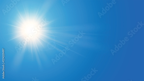 Realistic sun in sky. Blue summer clear sky and sunshine for spring landscape. Sunlight in heaven. Sunny day  springtime and summertime vector background.