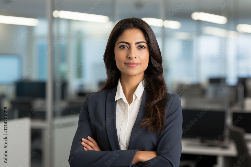 Professional Indian Woman with crossed arms in Modern Office Business Environment Portrait Professional Indian Woman with crossed arms in Modern Office Business Environment Portrait