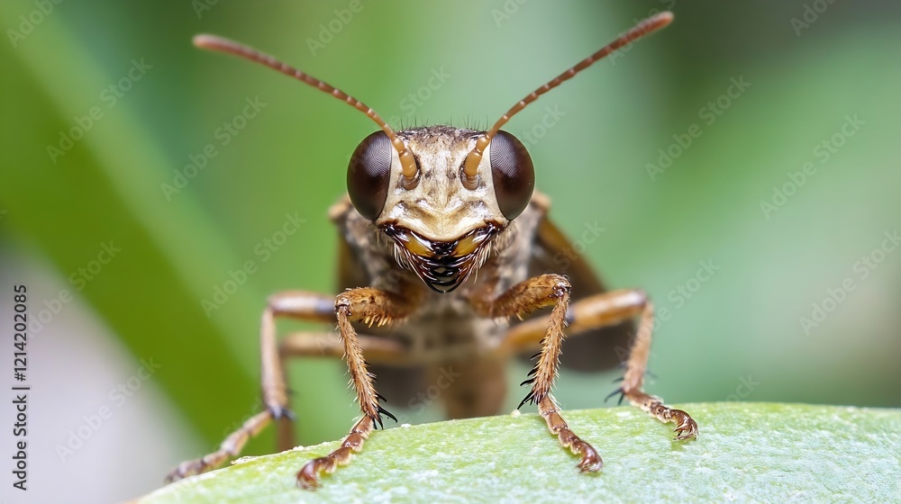 Macro Image of a Curious Grasshopper Facing the Camera on a Leaf : Generative AI Macro Image of a Curious Grasshopper Facing the Camera on a Leaf : Generative AI