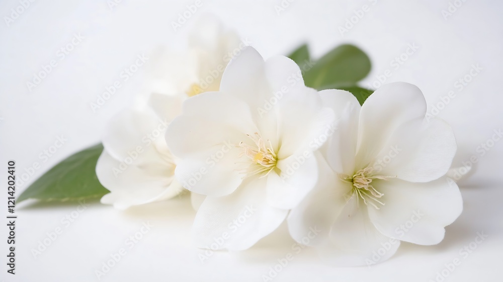 Elegant white camellia flowers with lush green leaves on a soft white background : Generative AI Elegant white camellia flowers with lush green leaves on a soft white background : Generative AI