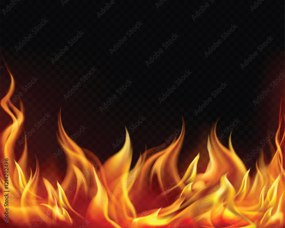 Realistic fire background. Flame overlay border, flaming frame with copy space and glow. 3D hot red bonfire. Vector fire illustration, burning banner, flare effect.